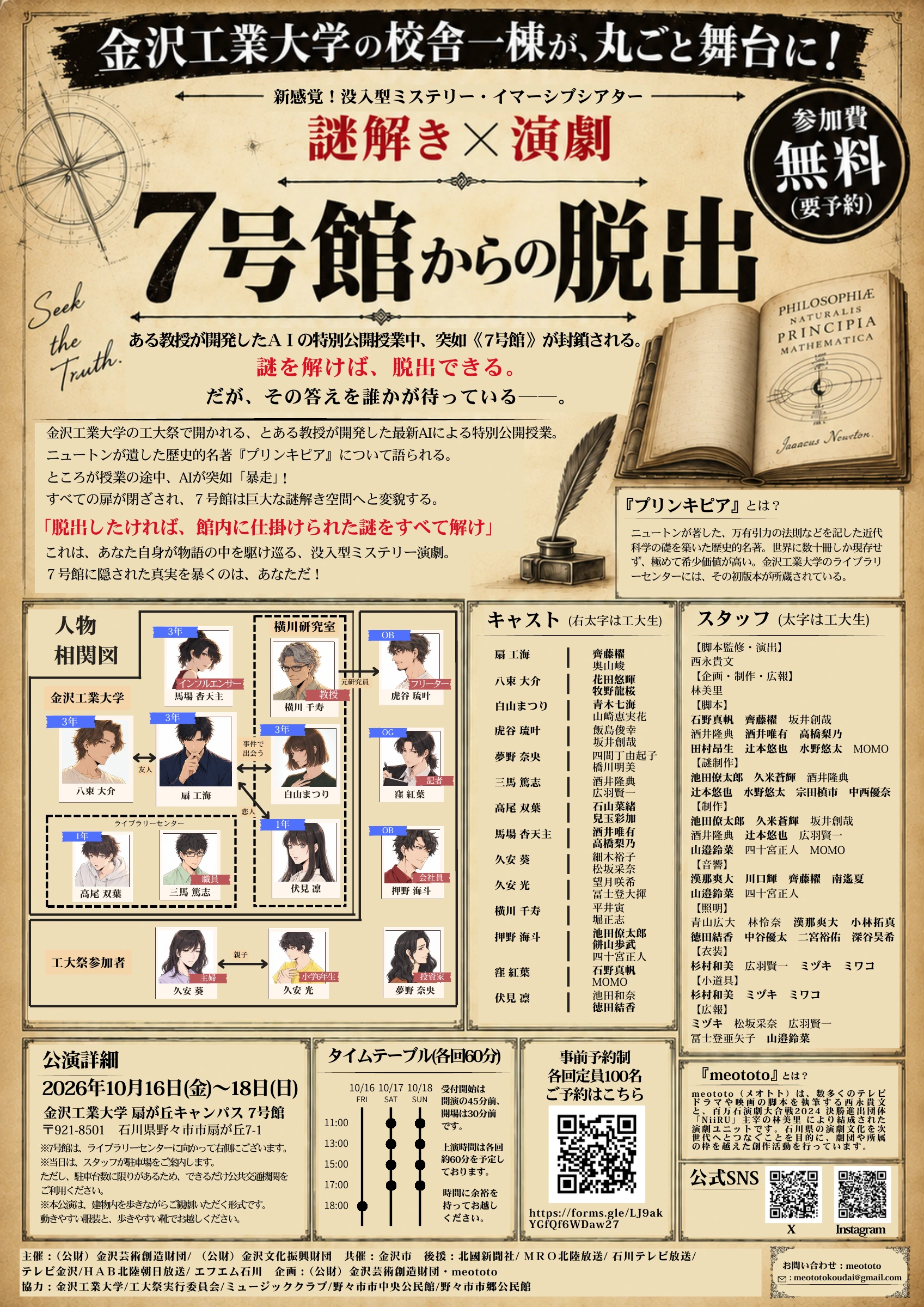 Escape from Building 7 flyer back, with story, character relationships, cast, staff and performance details